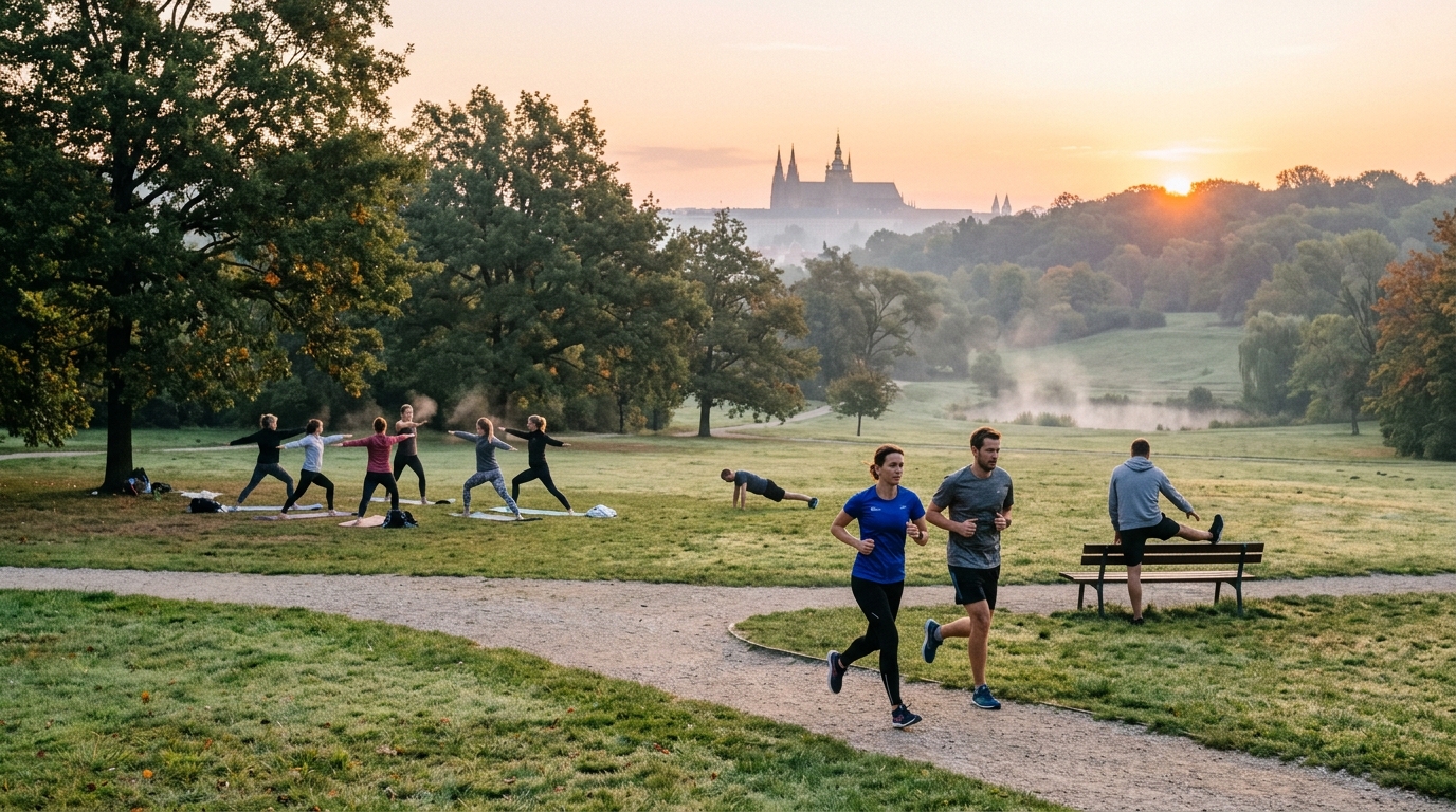 Lidé cvičící v parku při východu slunce